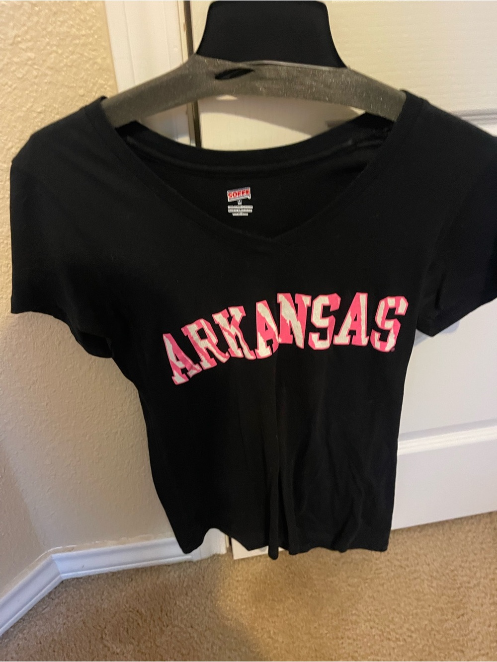Black V-Neck Arkansas Graphic Tee with Pink Lettering